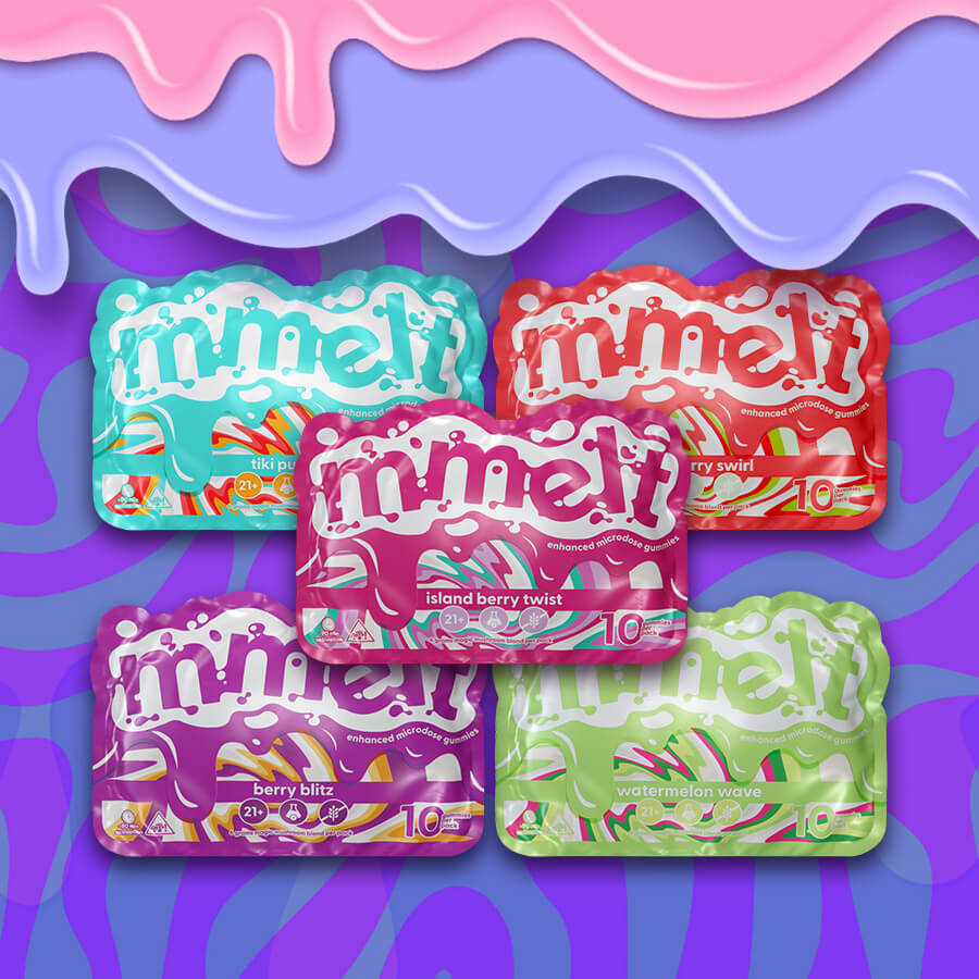 Mmelt Mushroom Gummies assortment featuring all flavors in 10ct packs with legal, psychoactive mushroom blends. 