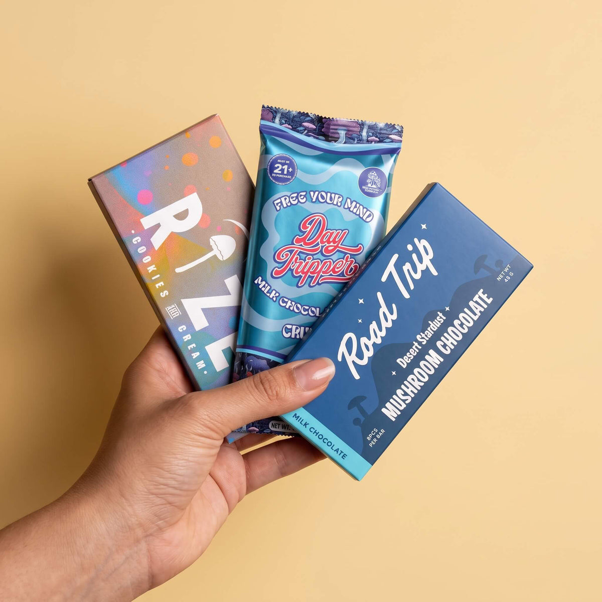 Mushroom chocolates from top brands; Road Trip, Rize, and Day Tripper for sale