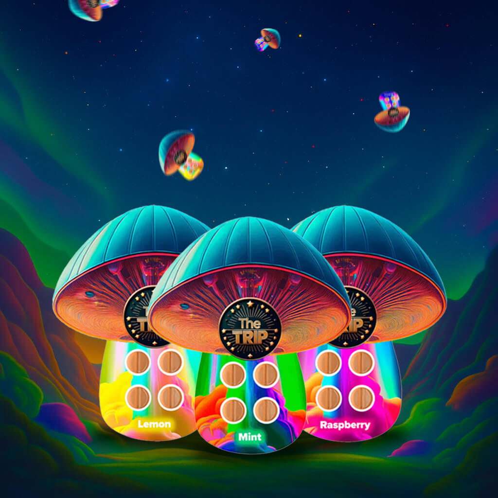 The Trip Mushroom Tabs in all flavors lined up, showcasing colorful pouches of dissolvable mushroom tablets.