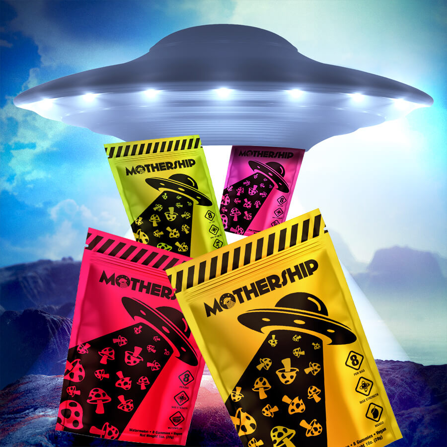 Mothership mushroom gummies pouch front with bold logo, flavor badge, and gummy count, studio background