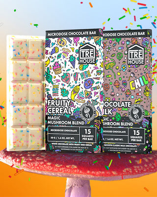 Assorted Mushroom Chocolate Bars with euphoric effects, including Cookies & Cream and Peanut Butter flavors.