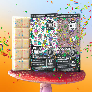 Assorted Mushroom Chocolate Bars with euphoric effects, including Cookies & Cream and Peanut Butter flavors.