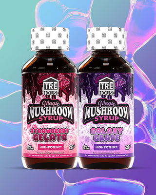 Galaxy Grape and Strawberry Gelato Magic Mushroom Syrups by Tre House for relaxation and flavor.