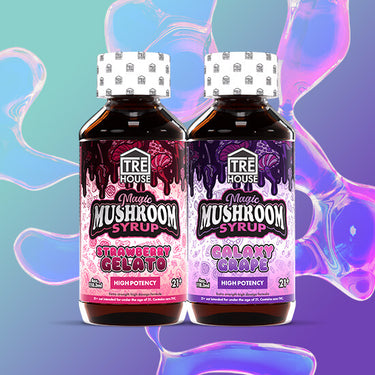 Galaxy Grape and Strawberry Gelato Magic Mushroom Syrups by Tre House for relaxation and flavor.
