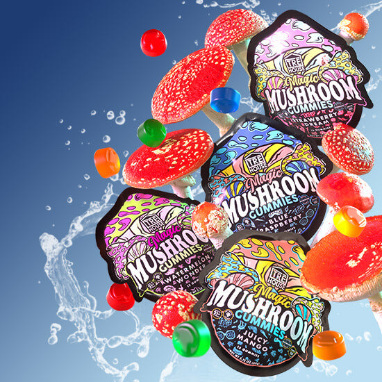 Assortment of Tre House magic mushroom gummies offering a taste and mind journey, infused with nature's wonders