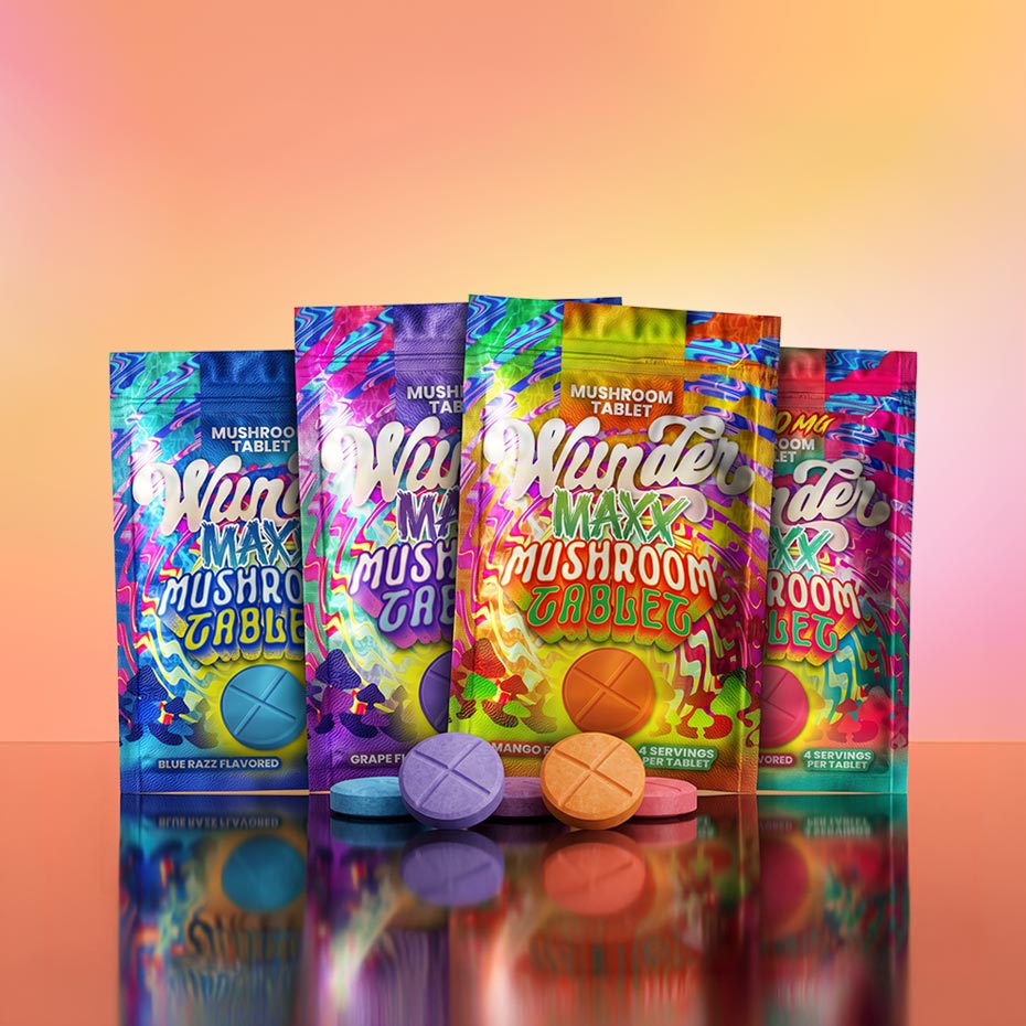 Wunder Maxx Tablets collection showing mango and grape flavors, single tablets scored into four servings