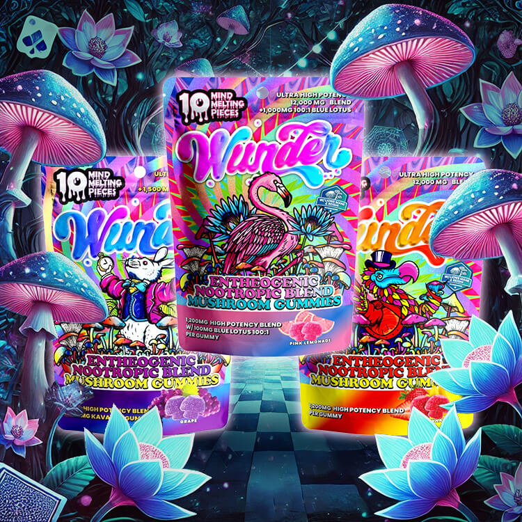 Wunder magic mushroom gummies with kava Kava and Blue lotus extract. 