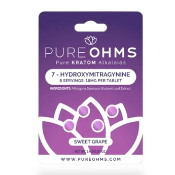 Pure OHMS 7 OH tablets come with 18mg of 7 Hydro per tablet, 4 tablets per package and a grape flavor. 