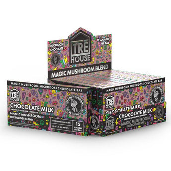 A photo rendition box of tre house milk chocolate magic mushroom chocolate bar 