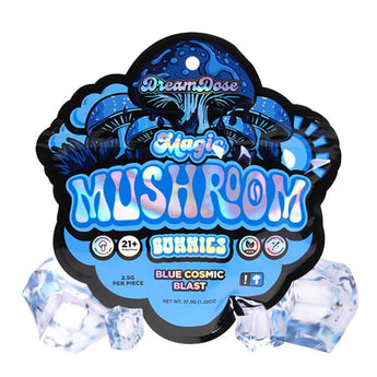 A picture of the dream dose magic mushroom gummies Blue Cosmic Blast product packaging. 