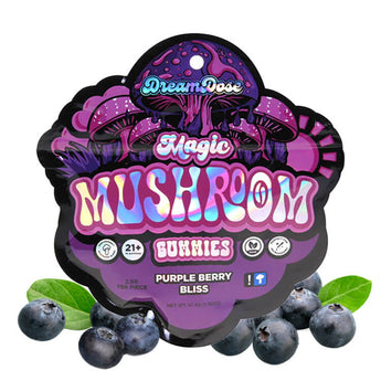 A picture of the dream dose magic mushroom gummies Purple Berry Bliss product packaging. 