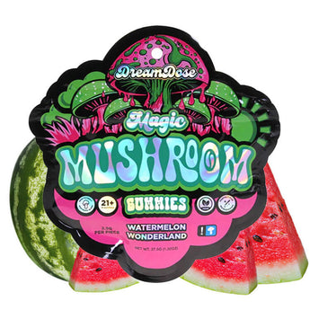 A picture of the dream dose magic mushroom gummies Watermelon Wonderland product packaging. 