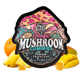 a picture of the package for sour tropical flavor TRE  House magic mushroom gummies.