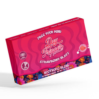 Day Tripper magic mushroom tablets, featuring blue lotus extract and mad honey, are formulated for quick dissolution with a strawberry flavor. There are 10 mushroom tablets per box. 