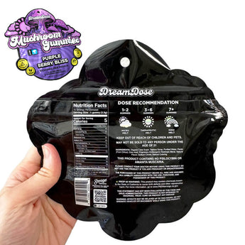 photo rendering of dream dose magic mushroom gummies, purple berry bliss flavor,  showing the back of the bag. 