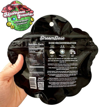 photo rendering of dream dose magic mushroom gummies, strawberry stardust flavor, showing the back of the bag. 