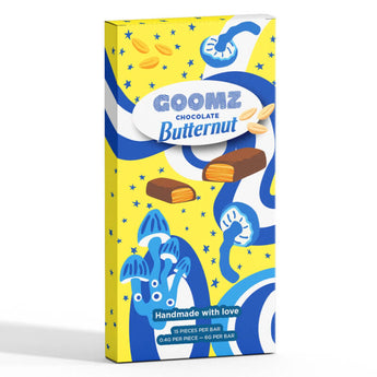 Goomz Chocolate Butternut Magic Mushroom Bar. 10 squares of rich, nutty chocolate bliss.