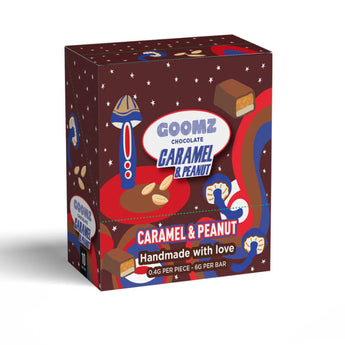 The back of Goomz Magic Mushroom Chocolate Caramel & Peanut packaging displays ingredients, nutrition facts, and dosage recommendations.