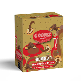 The back of Goomz Magic Mushroom Chocolate Shortbread packaging displays ingredients, nutrition facts, and dosage recommendations.