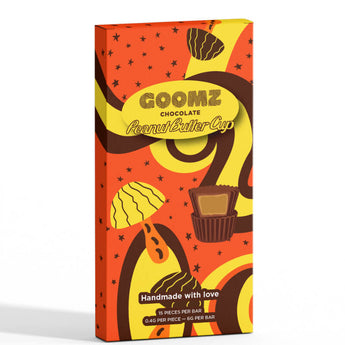 Goomz Magic Mushroom Chocolate is in Peanut Butter Cup flavor and contains a nootropic blend for mood boost, relaxation, and sensory stimulation.