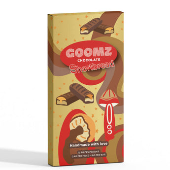 Goomz Magic Mushroom Chocolate in Shortbread flavor with a nootropic blend for mood boost, relaxation, and sensory stimulation.