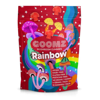 Goomz Magic Mushroom Gummies come in a rainbow flavor and contain a potent nootropic blend for mood enhancement, relaxation, and sensory stimulation.