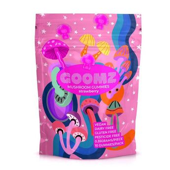 Goomz Magic Mushroom Gummies in a resealable bag with a potent nootropic blend for mood enhancement, relaxation, and sensory stimulation.