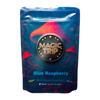 Magic Trip Blue Raspberry Mushroom Gummies front packaging lab-tested vegan USA-made.