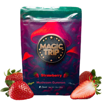 Magic Trip Strawberry Mushroom Gummies front packaging lab-tested vegan USA-made.