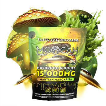 Moocah 15000mg Martian Margarita Mushroom Gummies in a resealable bag with galactic lime design.