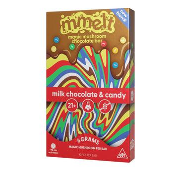 Mmelt Mushroom Milk Chocolate & Candy Bar with vibrant colors and 6g mushroom blend label.