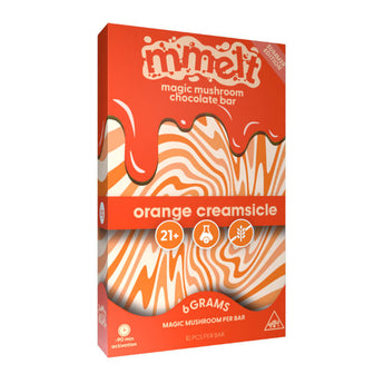 Front of Mmelt Magic Mushroom Chocolate Bar – Orange Creamsicle flavor with 10 squares.