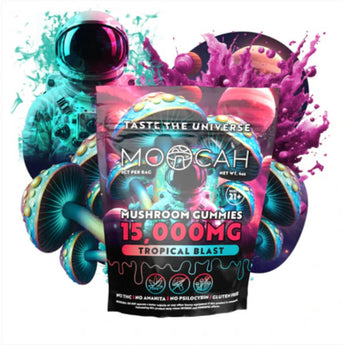 Moocah Tropical Blast Magic Mushroom Gummies – 5ct pack with exotic fruit visuals.