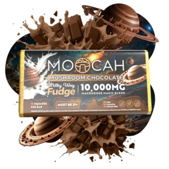 Moocah Magic Mushroom Chocolate Bar, Milky Way Fudge, 10,000mg, Front Packaging Image.
