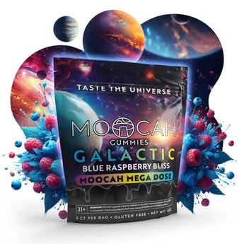 A photo render of Moocah megadose gummies, blue raspberry bliss flavor. 