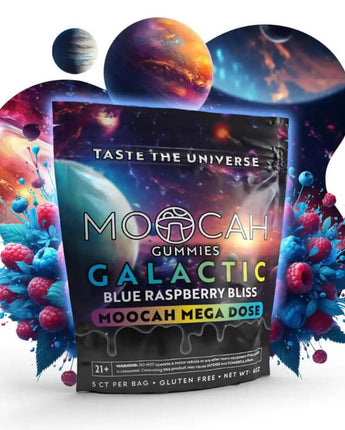 A photo render of Moocah megadose gummies, blue raspberry bliss flavor. 