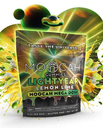 A photo render of moocah megadose gummies with the lightyear  lemon lime flavor.