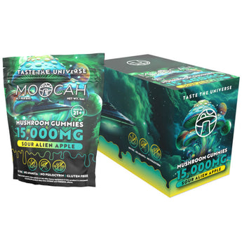 Moocah Sour Alien Apple Magic Mushroom Gummies 5ct bag with bold flavor and high-potency legal mushroom gummies.