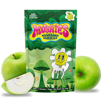 Mushies Apple Mushroom Gummies front packaging vegan lab-tested USA-made.