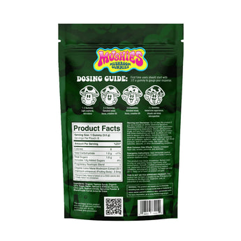Mushies Apple Mushroom Gummies back packaging showing nutrition facts, ingredients, and dosing guide.