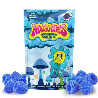 Mushies Blue Raspberry Mushroom Gummies front packaging vegan lab-tested USA-made.