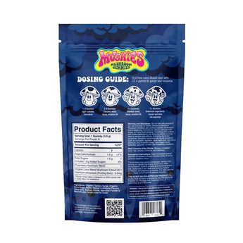 Mushies Mushroom Gummies blu-razz back packaging with nutrition facts, and dosing guide.