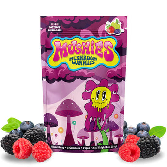 Mushies Mixed Berry Mushroom Gummies front packaging vegan lab-tested USA-made.