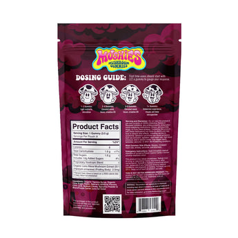 Mushies Mixed Berry Mushroom Gummies back packaging showing dosing guide, ingredients.