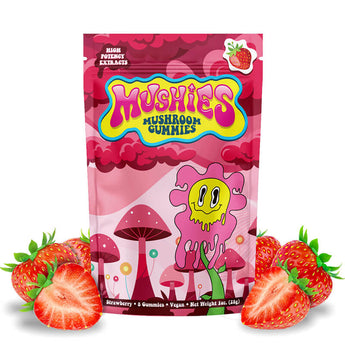 Mushies Strawberry Mushroom Gummies front packaging vegan lab-tested USA-made.