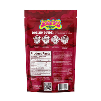 Mushies Strawberry Mushroom Gummies back packaging with nutrition facts, and dosing guide.