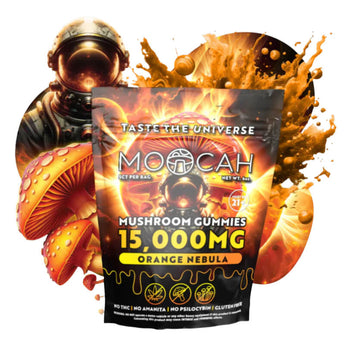 Moocah 15000mg Orange Nebula Mushroom Gummies in a resealable bag with bold citrus cosmic design.
