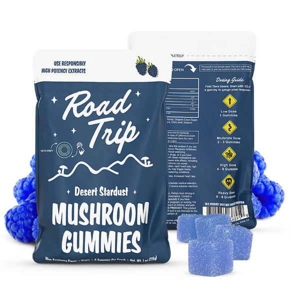 Road Trip Blue Raspberry mushroom gummies packaging, front and back