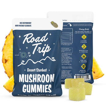 Road trip Pineapple flavored desert stardust magic mushroom gummies packaging showing the front and back.