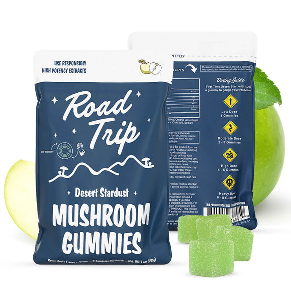 Road Trip Green Apple mushroom gummies packaging, front and back